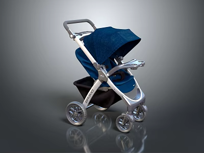 Modern Baby Stroller With Blue Canopy And Silver Frame Ergonomic Handle And Wheels 3d model