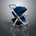 Modern Baby Stroller With Blue Canopy And Silver Frame Ergonomic Handle And Wheels