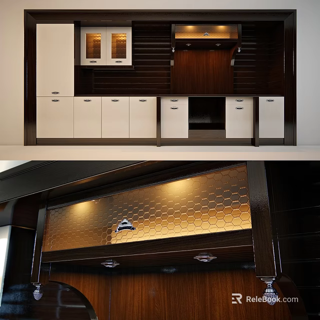 Modern Kitchen Cabinet Design With White And Dark Wood Drawers Honeycomb Panel And Lighting 3d model 