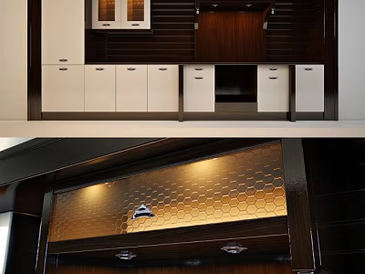 Modern Kitchen Cabinet Design With White And Dark Wood Drawers Honeycomb Panel And Lighting 3d model