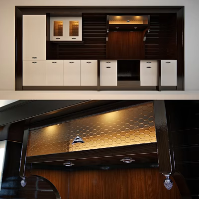 Modern Kitchen Cabinet Design With White And Dark Wood Drawers Honeycomb Panel And Lighting 3d model