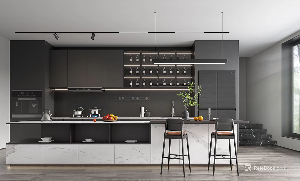 Modern Open Kitchen Interior With Black Cabinets Marble Island And Bar Stools 3d model