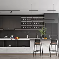 Modern Open Kitchen Interior With Black Cabinets Marble Island And Bar Stools