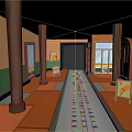 Colorful Indoor Subway Station Platform With Orange Floor Brown Pillars And Green Tiled Walls