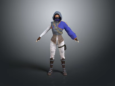 Hooded Woman In Blue Purple Sleeved Outfit With White Pants And Boots 3d model