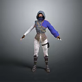 Hooded Woman In Blue Purple Sleeved Outfit With White Pants And Boots