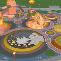 Colorful Children Playground With Slides Curved Tubes And Green Lawn Areas
