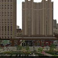 Bustling Commercial Street With High Rise Buildings Shops Trees And Parking Area