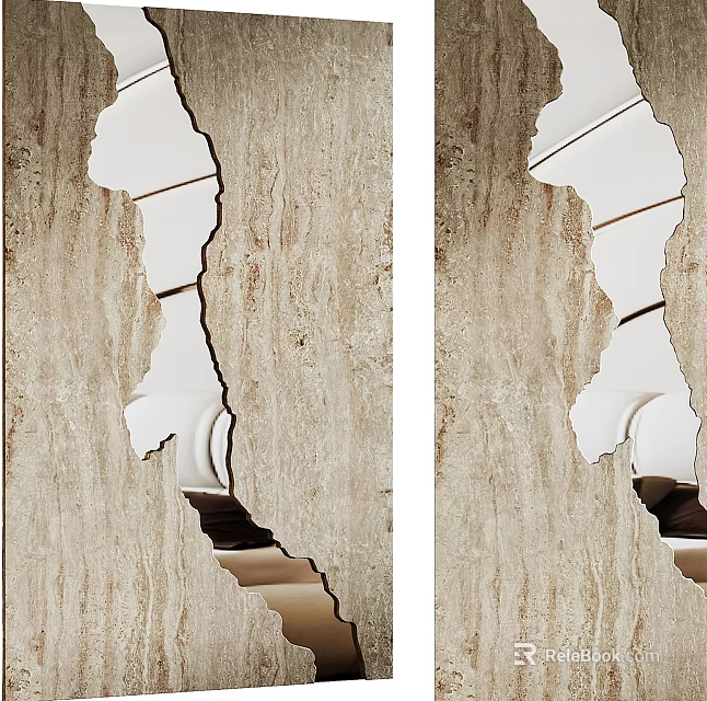 Unique Decorative Mirror With Irregular Shape On Textured Stone Wall Reflecting Modern Furniture 3d model 