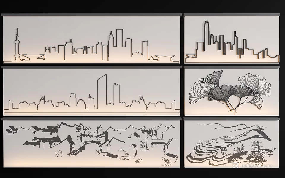 Creative Wall Decor Featuring Modern City Skyline Traditional Architecture Ginkgo Leaf And Terrace Landscape 3d model 