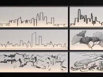 Creative Wall Decor Featuring Modern City Skyline Traditional Architecture Ginkgo Leaf And Terrace Landscape 3d model