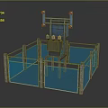 Industrial Equipment Enclosed in Blue Metal Fence With Grid Structure and Red Indicators