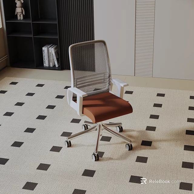 Modern Leisure Chair With Mesh Backrest Brown Seat White Armrests And Silver Casters In Office 3d model 