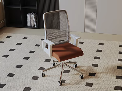 Modern Leisure Chair With Mesh Backrest Brown Seat White Armrests And Silver Casters In Office 3d model