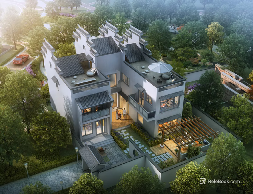 Modern Chinese Style Detached Villa Surrounded by Lush Trees with Courtyard and Terrace 3d model 