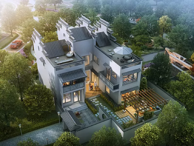 Modern Chinese Style Detached Villa Surrounded by Lush Trees with Courtyard and Terrace 3d model