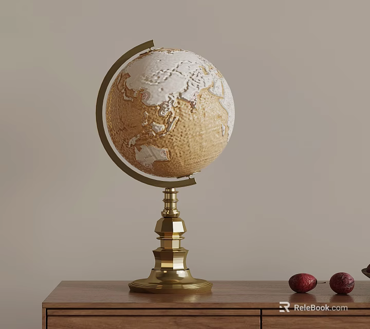 Vintage Globe With Golden Base Decorative Piece On Wooden Table And Red Fruits 3d model 