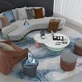 Curved Sofa and Coffee Table Set with Colorful Cushions Round Stools and Blue Patterned Rug Decorations