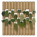 Vertical Green Wall With Lush Hanging Plants On Wooden Columns And Soft Lighting