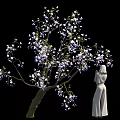Blooming Tree With Purple White Flowers And Standing White Statue Figure