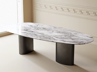 Modern Dining Table with Oval Marble Pattern Top and Black Cylindrical Legs 3d model