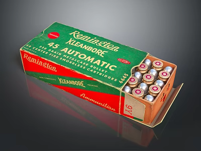 Remington 45 Automatic Ammunition Box With Bullets And Green Red Packaging 3d model