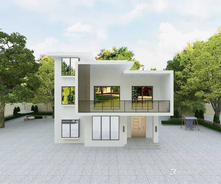 Modern Detached Villa With White Exterior Balcony And Lush Green Surroundings 3d model 