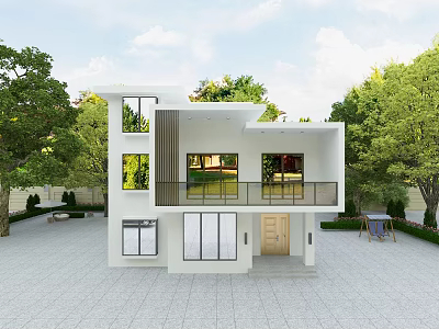 Modern Detached Villa With White Exterior Balcony And Lush Green Surroundings 3d model