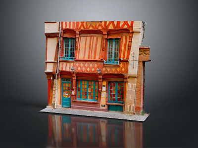 Traditional European Style Model Building With Red Orange Stripes Green Windows And Decorative Patterns 3d model