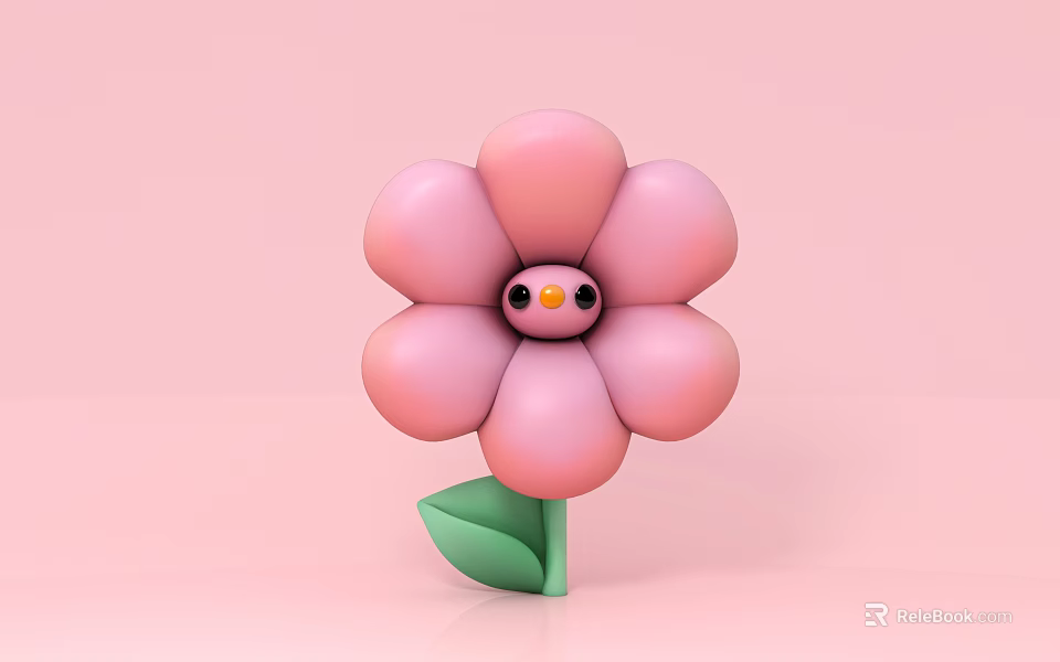 Adorable Pink Flower With Round Petals Chick Face Black Eyes Orange Beak And Green Leaf 3d model 