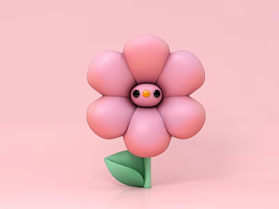 Adorable Pink Flower With Round Petals Chick Face Black Eyes Orange Beak And Green Leaf 3d model