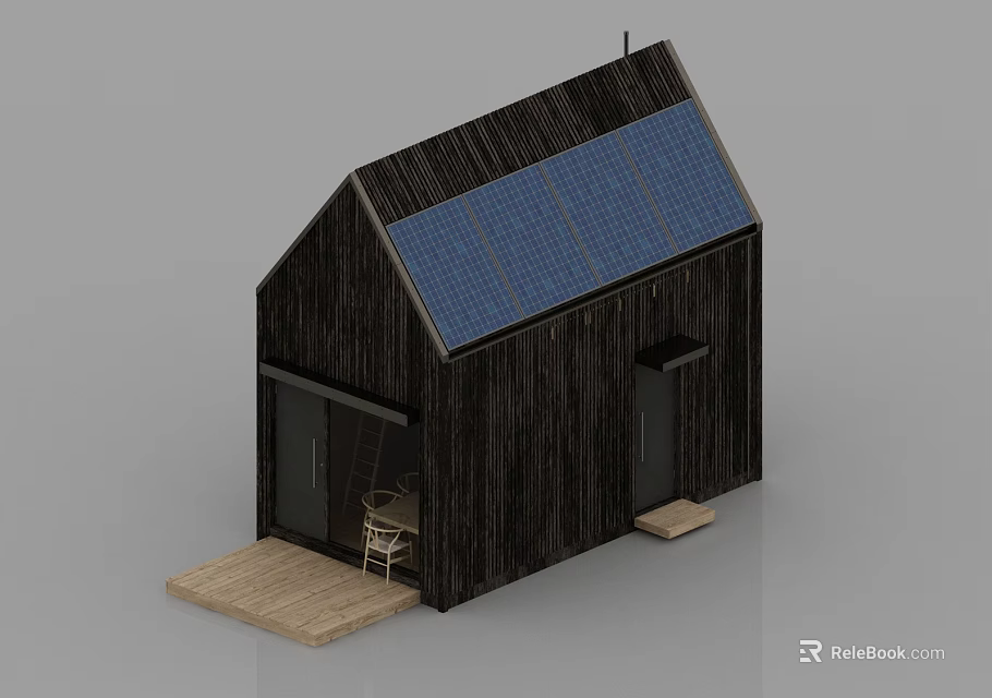 Modern Black Wooden House With Solar Panels On Roof Wooden Deck And Chair 3d model 