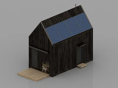 Modern Black Wooden House With Solar Panels On Roof Wooden Deck And Chair 3d model