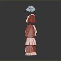 Elegant Red And Pink Dress With Blue Hat And Layered Ruffled Skirt