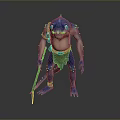 Blue Shark Headed Mythical Creature 3D Character With Armor Like Details And Weapon In Standing Pose
