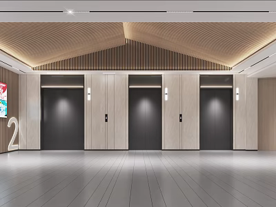 Modern Elevator Lobby Interior Featuring Three Elevator Doors Wooden Ceiling Sleek Flooring And Recessed Lighting 3d model