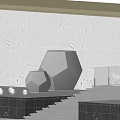 Black Polygonal Sculpture with Water Basin Stone Steps White Marble Wall and Green Trees