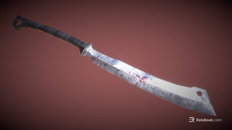 Patterned Blade Knife With Dark Handle And Bloodstains On Red Background 3d model 