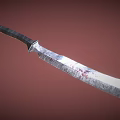 Patterned Blade Knife With Dark Handle And Bloodstains On Red Background
