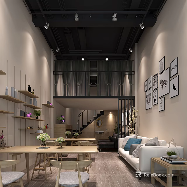 Modern Shop Front Desk Interior With Reception Sofa Green Plants And Wall Art 3d model 
