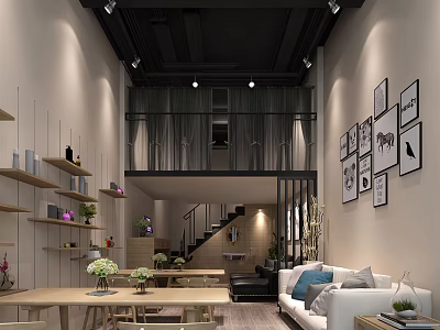 Modern Shop Front Desk Interior With Reception Sofa Green Plants And Wall Art 3d model
