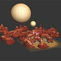 Cartoon Scene With Large Yellow Sphere Smaller Sphere Red Rocky Landscape And Small Cartoon Elements