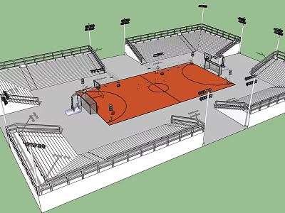 Modern Basketball Gymnasium Interior With Orange Court Bleachers And Lighting Fixtures 3d model