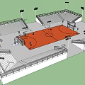 Modern Basketball Gymnasium Interior With Orange Court Bleachers And Lighting Fixtures