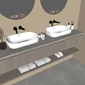 Modern Bathroom Vanity with Double Sinks Two Round Mirrors and Towel Shelf