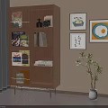 Cozy Room Interior Featuring Wooden Bookshelf With Glass Doors Books Wall Paintings And Potted Plant