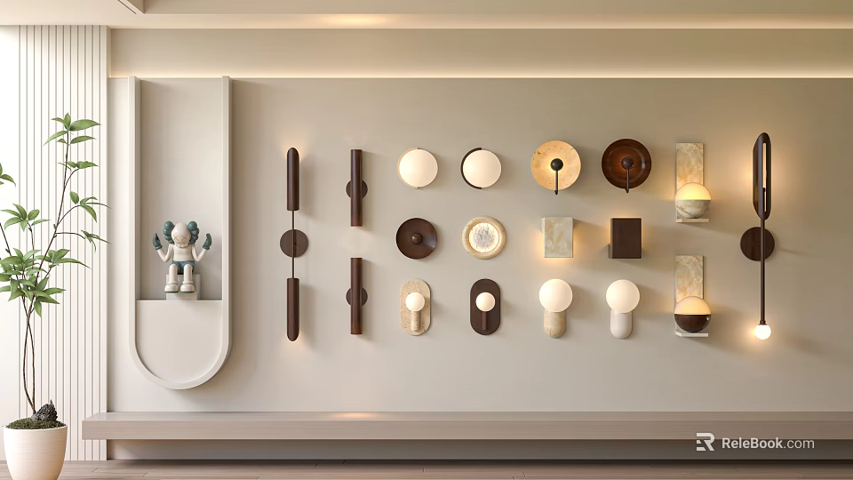 Various Styles Wall Lamps Display On White Wall Interior Design 3d model 