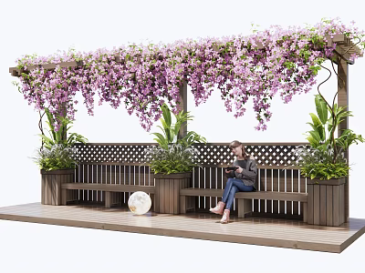 Flowering Vines Cover Wooden Pergola With Benches And Potted Plants 3d model