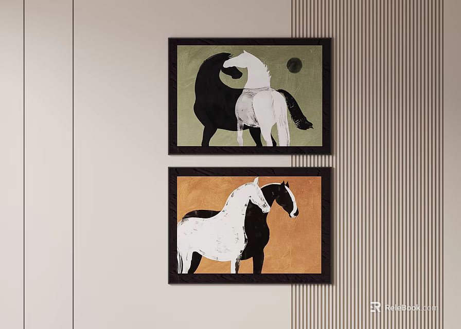 Abstract Horse Paintings With Black And White Design Hanging On Striped Wall 3d model 