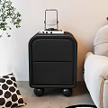 Modern Black Console Side Cabinet with Drawers and Top Lamp and Books Near Sofa Plant